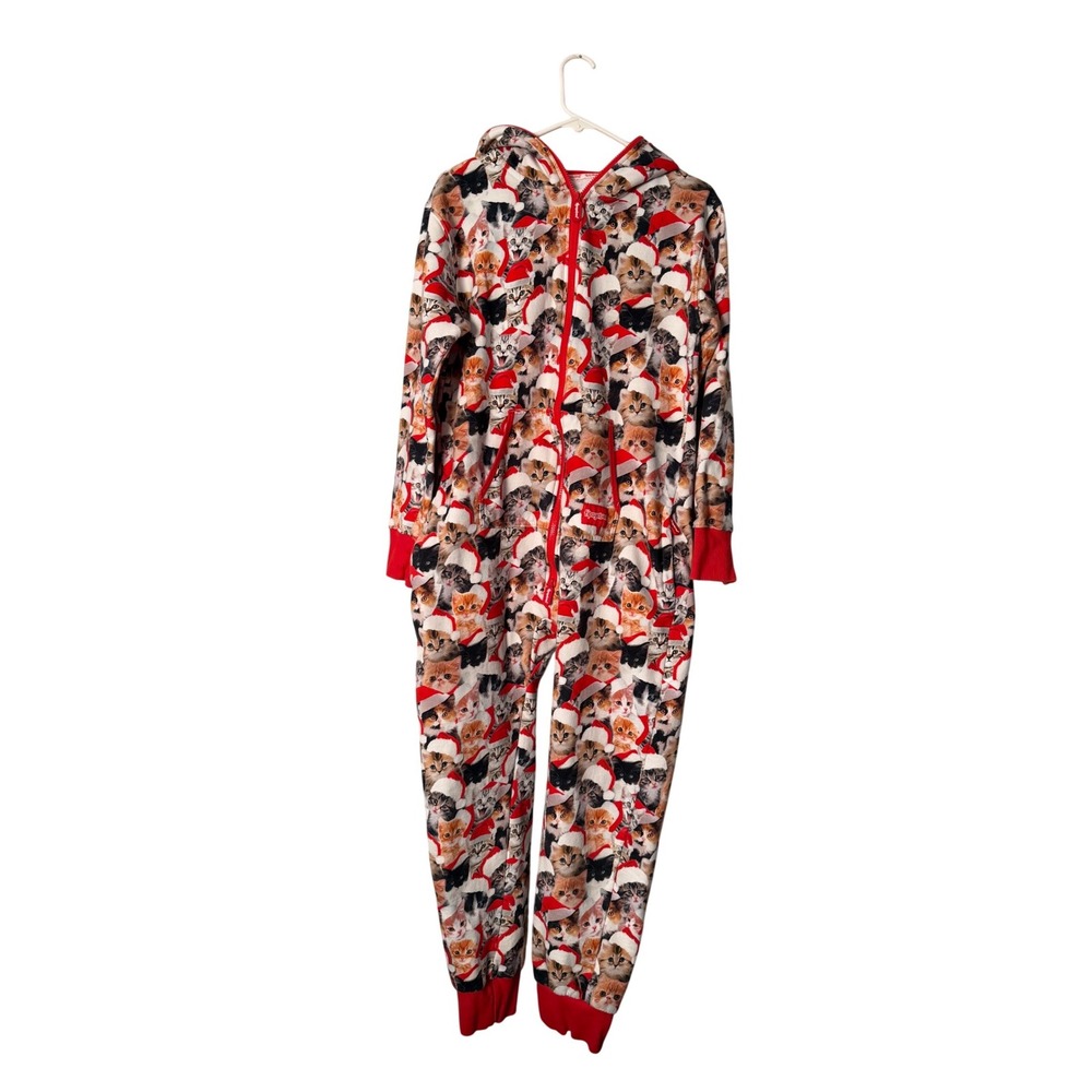 Tipsy Elves Christmas Cat Santa Hat Hooded Onesie Pajamas Red White M Unisex